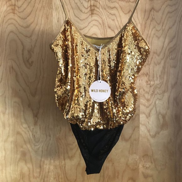 Wild Honey Tops - Wild Honey Sequin Gold Bodysuit NWT Gold M